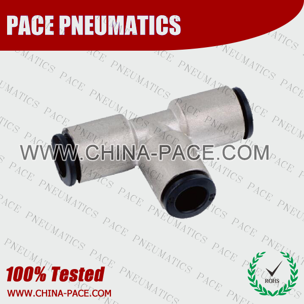 Brass Body Plastic Sleeve Union Tee Push in Fittings, Nickel Plated Brass Push In fittings, Brass Pneumatic Fittings With Plastic Sleeve, Nickel Plated Brass Air Fittings, Nickel Plated Brass Push To Connect Fittings